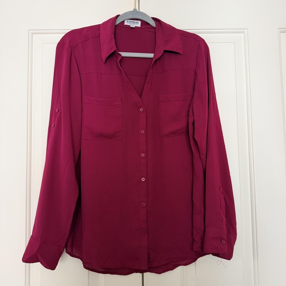 Express Shirt L Red Maroon Portofino Button Up Roll Tab Sleeve Blouse Office